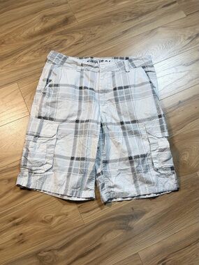 Surplus Men’s White/Gray/Black Plaid Cargo Shorts Flat Front Button Pockets
